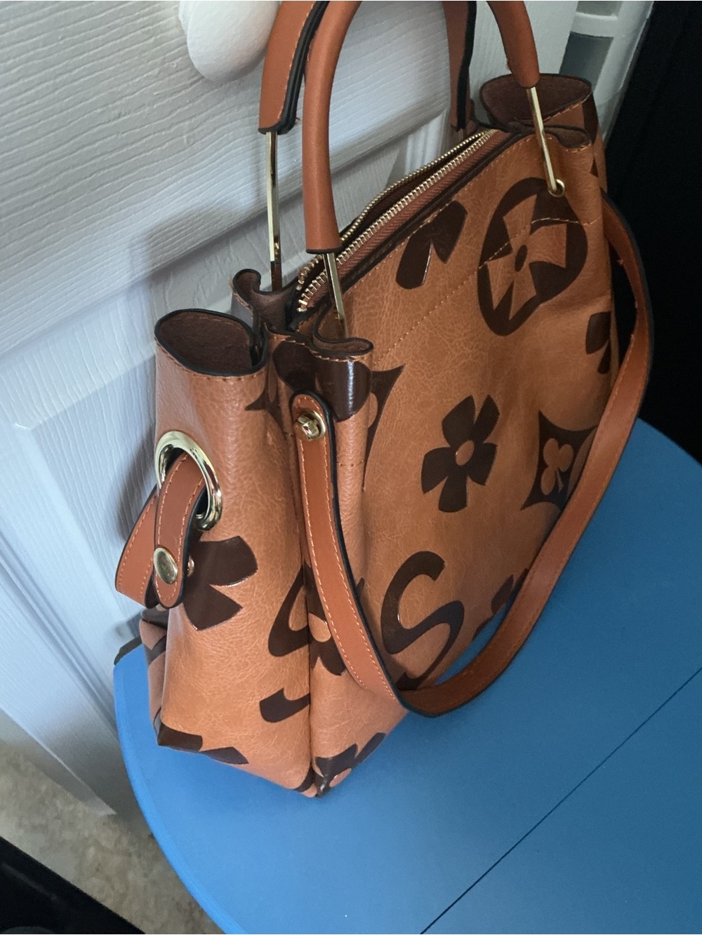 Tan Floral-Print Satchel Handbag with Top Handles